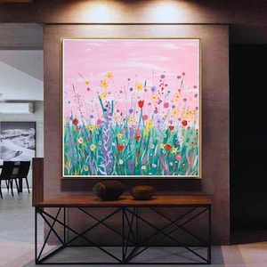 Pintura original de flores silvestres, arte de parede em tela grande, arte abstrata contemporânea, decoração de arte de parede rosa, arte de parede moderna