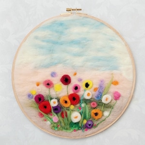 Wild Flowers wool painting Landscape Needle Felted Hoop Art, Botanical Art