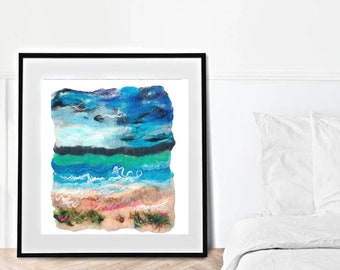 Contemporary Coastal mix media fiber wool painting.