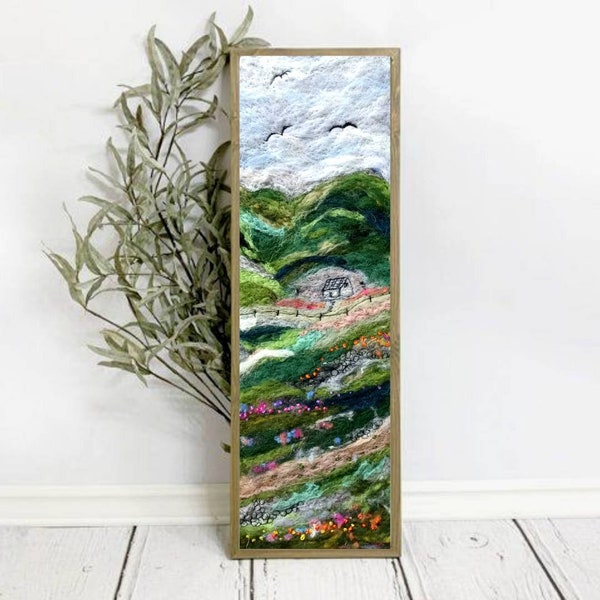 Green Fields Wool Painting, Landscape Felt Art, Needle Felted Wall Decor, Embroidered Felt Painting,  Embroidered Felt Tapestry, Modern Art