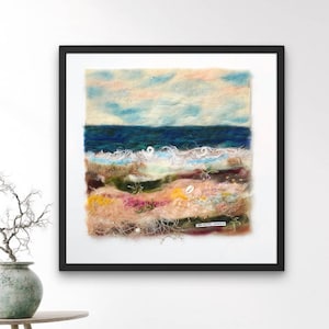 Seaescape felted wall art, ocean wool painting, needle felted beaded nature art, textile wall art