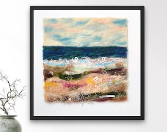 Seaescape felted wall art, ocean wool painting, needle felted beaded nature art, textile wall art