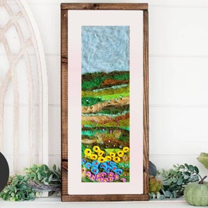 Original Wild Flowers Wool Painting, Landscape Embroidered Felt Art, Green Fields Abstract Wall Decor, Housewarming Gift, Christmas Gift