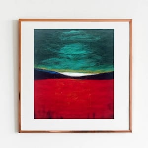 Red Sunset Wool Painting, Abstract Felt Art, Wet Felted Landscape Wall Decor, Original Wool Painting, Colorful Wool Wall Art, minimalist art