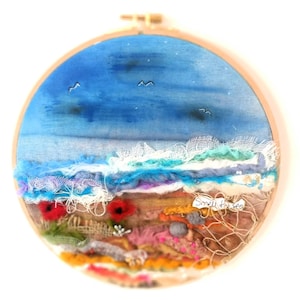 Seaside Abstract Embroidered Textile Hoop Art, Textile wall art.