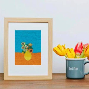 Sunflowers Embroidered wool painting, Still life felt wall art, van gogh felt picture, textile wall art