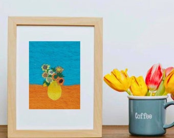 Sunflowers Embroidered Wool Painting: Still Life Felt Wall Art