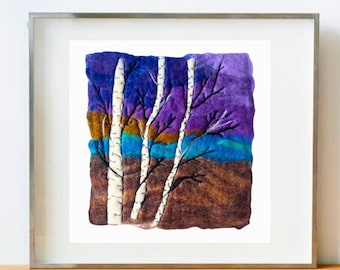 Felted Wool Wall Art: Birch Tree Landscape Textile Painting