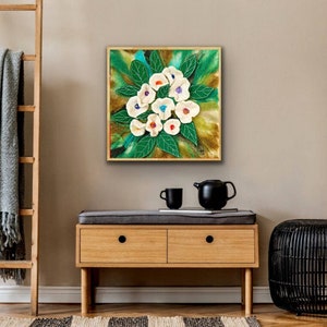 White Flowers Wet felted Wool Painting, Floral wool picture, Nature wool wall hanging