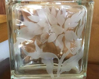 Vintage Frank Oda (Hale Pua) "Shell Ginger" Etched Glass Block Vase (Rare Large) - Hawaii Glass and Arts/Arts Hawaii - 1940's to 1970's