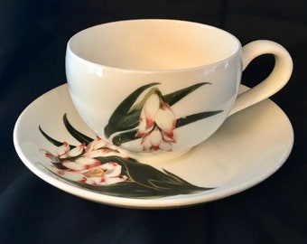 Vintage Santa Anita Ware "Shell Ginger" Cup and Saucer Set - Flowers of Hawaii -  Made in USA - 1949