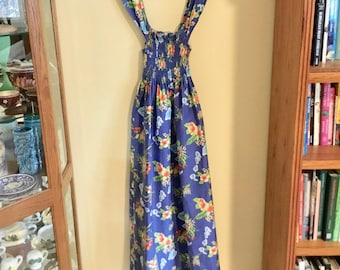 Vintage "Hilo Hattie" Aloha Cinch Waist Dress (Size 12) - Floral Pattern, Calf Length, Sleeveless/Straps - Made in Hawaii - 1980's to 1990's