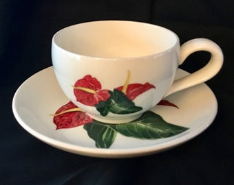 Vintage Santa Anita Ware "Red Anthurium" Cup and Saucer Set - Flowers of Hawaii - Made in USA - 1949