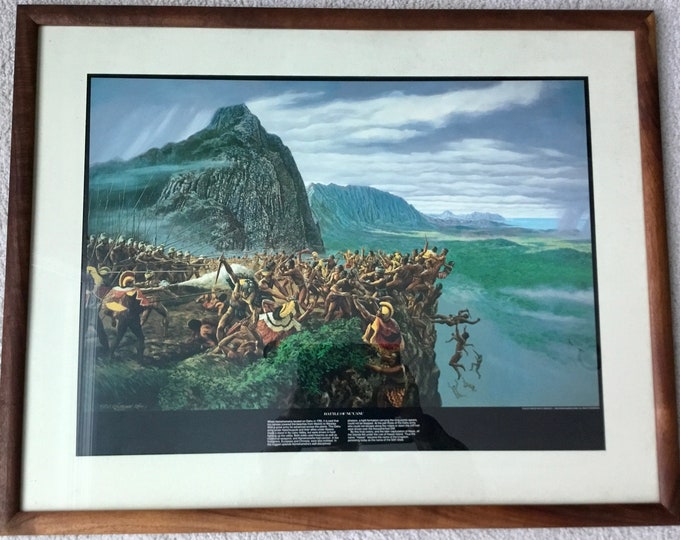 Vintage Herb Kane battle of Nu'uanu Print Matted and Framed in Koa Wood