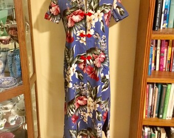 Vintage Handmade Bark Cloth Aloha Dress (S) - Floral Pattern, High Neck, Lined, Full Length, Shortsleeve - Made in Hawaii - 1970's to 1990's