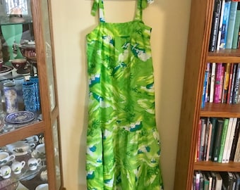 Vintage Handmade Aloha Muumuu Dress (L to XL) - Tropical, Full Length, Straps (Note Repair/Minor Stains) - Made in Hawaii - 1960's to 1990's