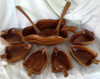 Vintage Monkey Pod Salad Bowl with Serving Spoon, Fork, and Six Bowls  - Made in Hawaii - Signed by Blair - Mid-Century