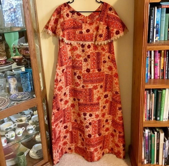 Vintage Handmade Bark Cloth Aloha Muumuu Dress (L… - image 1