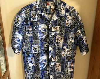 Vintage "Hilo Hattie" Men's Bark Cloth Aloha Shirt (Large) - Made in Hawaii - 2000