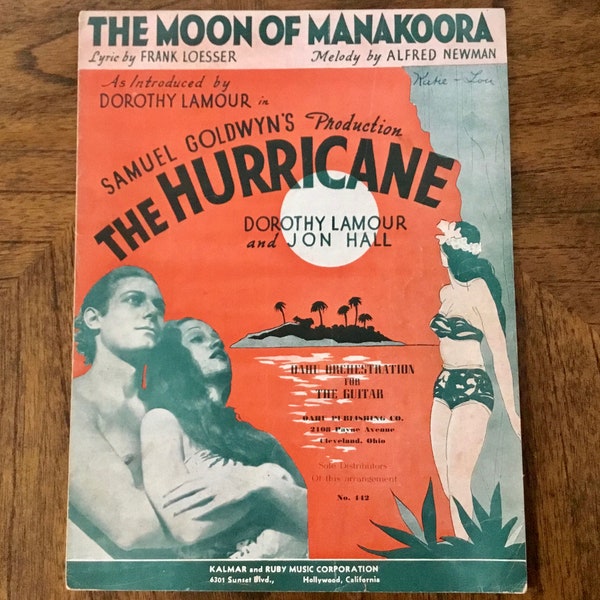 Vintage Sheet Music "The Moon of Manakoora" - Samuel Goldwyn Production "The Hurricane" - Dorothy Lamour and Jon Hall - 1937