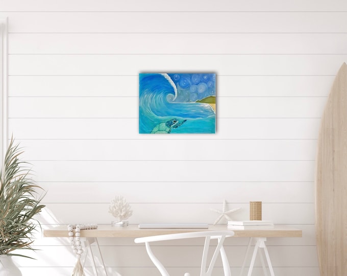 Sea turtle wave wall art, Honolua Honu original acrylic painting, 16x20" Canvas ocean art, Hawaiian Honu with sea shell accents