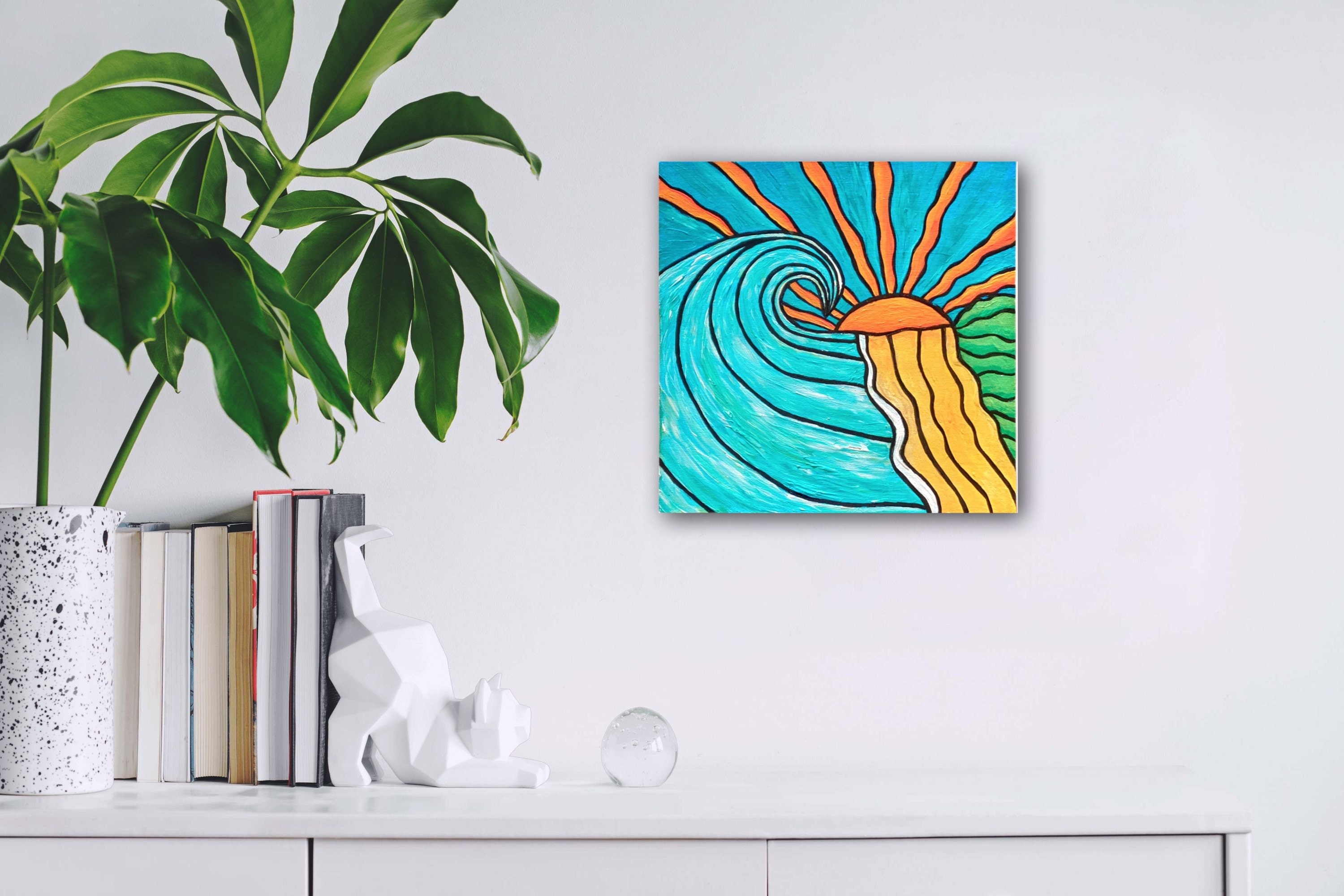 Whimsical Wave Painting - surf art - Maui art - wave wall art - Original  Acrylic Painting on 16x12” cotton stretched canvas