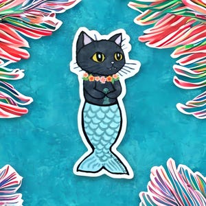 Mermaid Cat Vinyl Sticker – Black Cat Meowmaid Holding Fish, Waterproof Matte Sticker, Kawaii Cat Lover Gift, Maui Art Inspired
