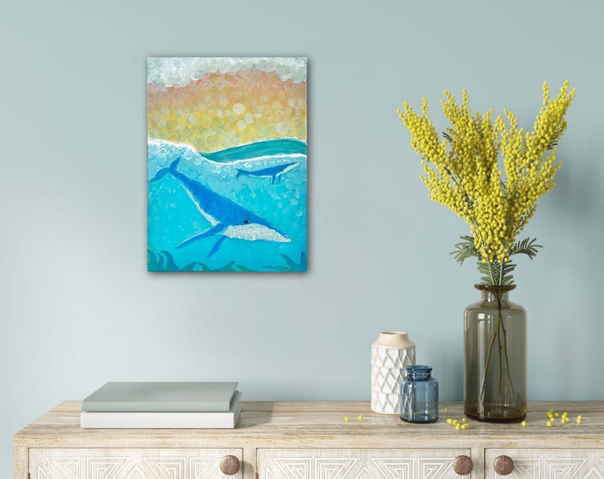 Whales wall art, Humpback whale original acrylic painting, 12x16” Canvas ocean art, Mom & Baby Whales