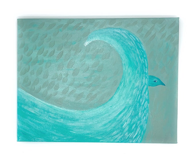 Wave of Peace Painting - Sea Bird Wave Acrylic Art Blue Wave Surf Art Surf Decor - Wave and Dove Wall Art 11x14” cotton canvas