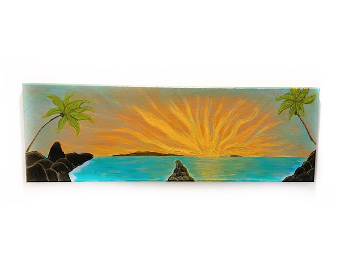 Beach Painting - Tropical Secret Beach original painting - Ocean Art - Surf Art - original acrylic painting 8x16” cotton canvas - above door