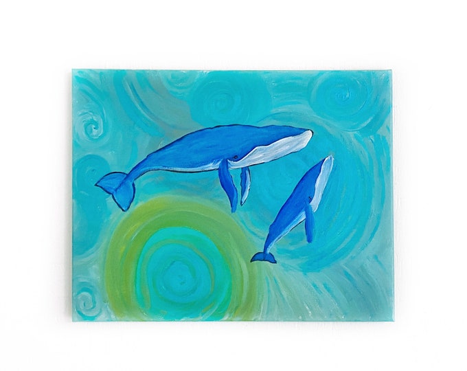 Whale Painting - Maia & Keiki Humpback Whale Original Acrylic Painting - Whale Wall Art - Whale art 14x18” cotton stretched canvas