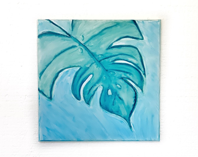 Tropical Leaf Painting - Monstera Leaf original watercolor canvas art - 12x12” square tropical wall art