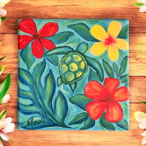 Posavasos de arenisca Honu Blooms: arte hawaiano de tortugas marinas