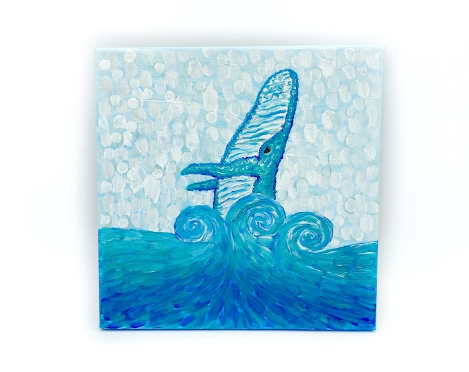 Whale Art, A Hui Hou Whale Original Acrylic Painting, Humpback Whale Breach on 12x12” square cotton stretched canvas