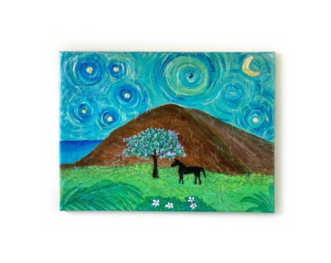Starry Night Jacaranda Horse Art - “Blossom” original acrylic painting - Upcountry Wall Art - Maui Scenic Kula canvas 16”x12”