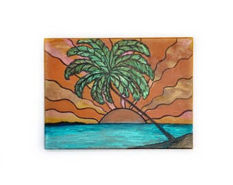 Maui Art - Makena Landing Sunset Painting - acrylic original 12x16” stretched cotton canvas - ocean palm tree wall decor