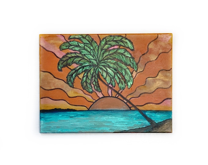 Maui Art - Makena Landing Sunset Painting - acrylic original 12x16” stretched cotton canvas - ocean palm tree wall decor