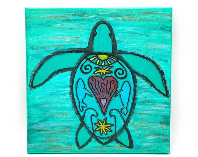 Sea Turtle Painting - original acrylic canvas art - 12x12” square ocean wall art - Unique turtle art