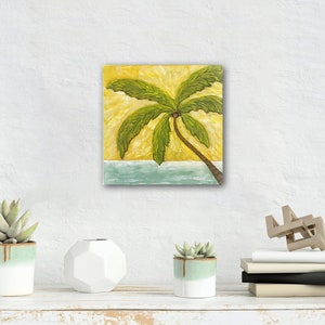 Pintura original de palmera paia: decoración playera, arte acrílico sobre lienzo de madera de 25 cm