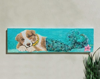Salziger Hund Originale Mermaid Hundemalerei auf Altholz | Sea Glass Küstenkunst von Maui Künstler Jen McLaughlan