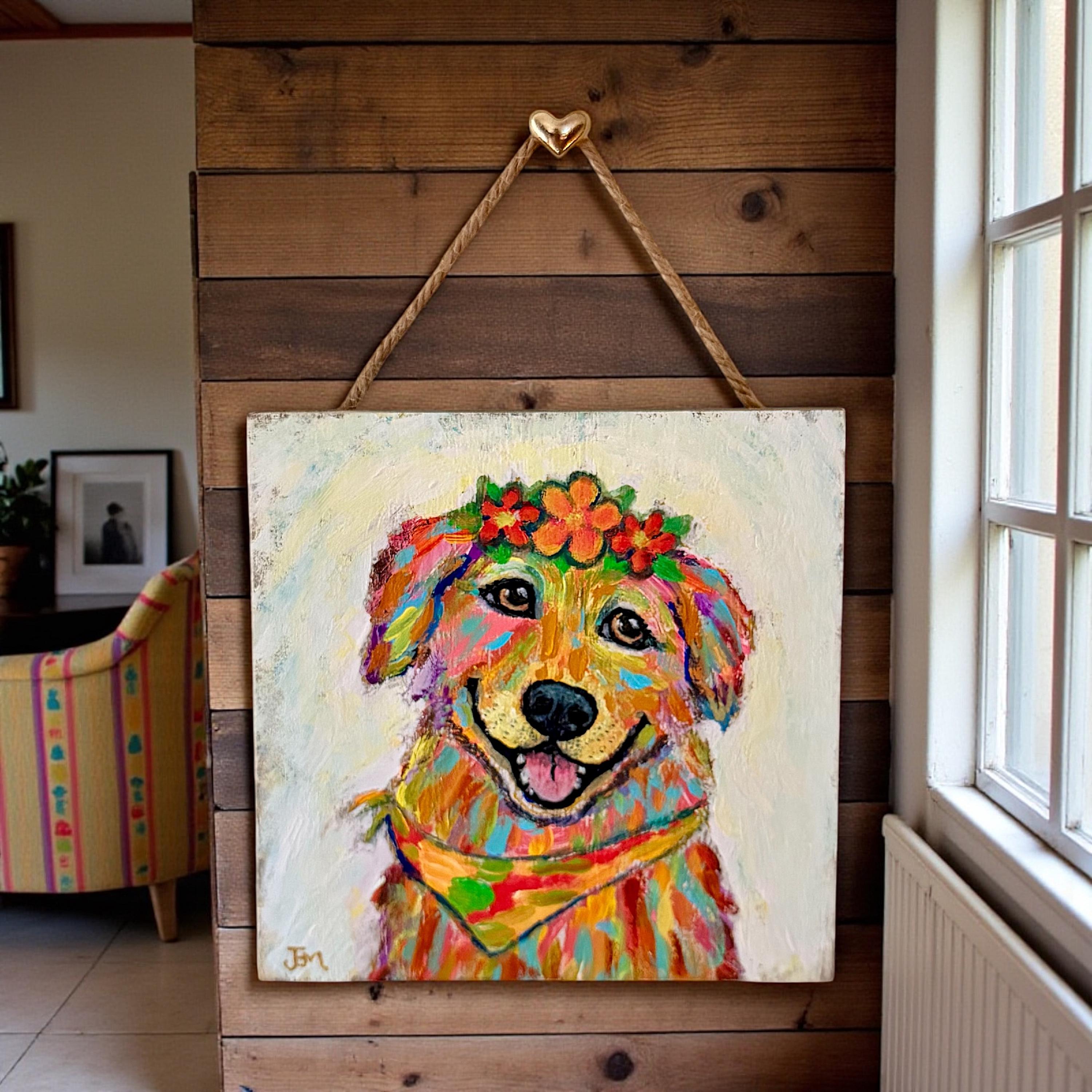 Colors of Aloha Dog - Original Gouache Dog Painting on Wood Plaque, Whimsical Animal Art