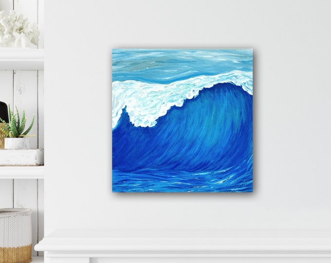 Surf Art, North Shore Winter original acrylic painting on gallery wood canvas 10x10", Maui Big Wave Art