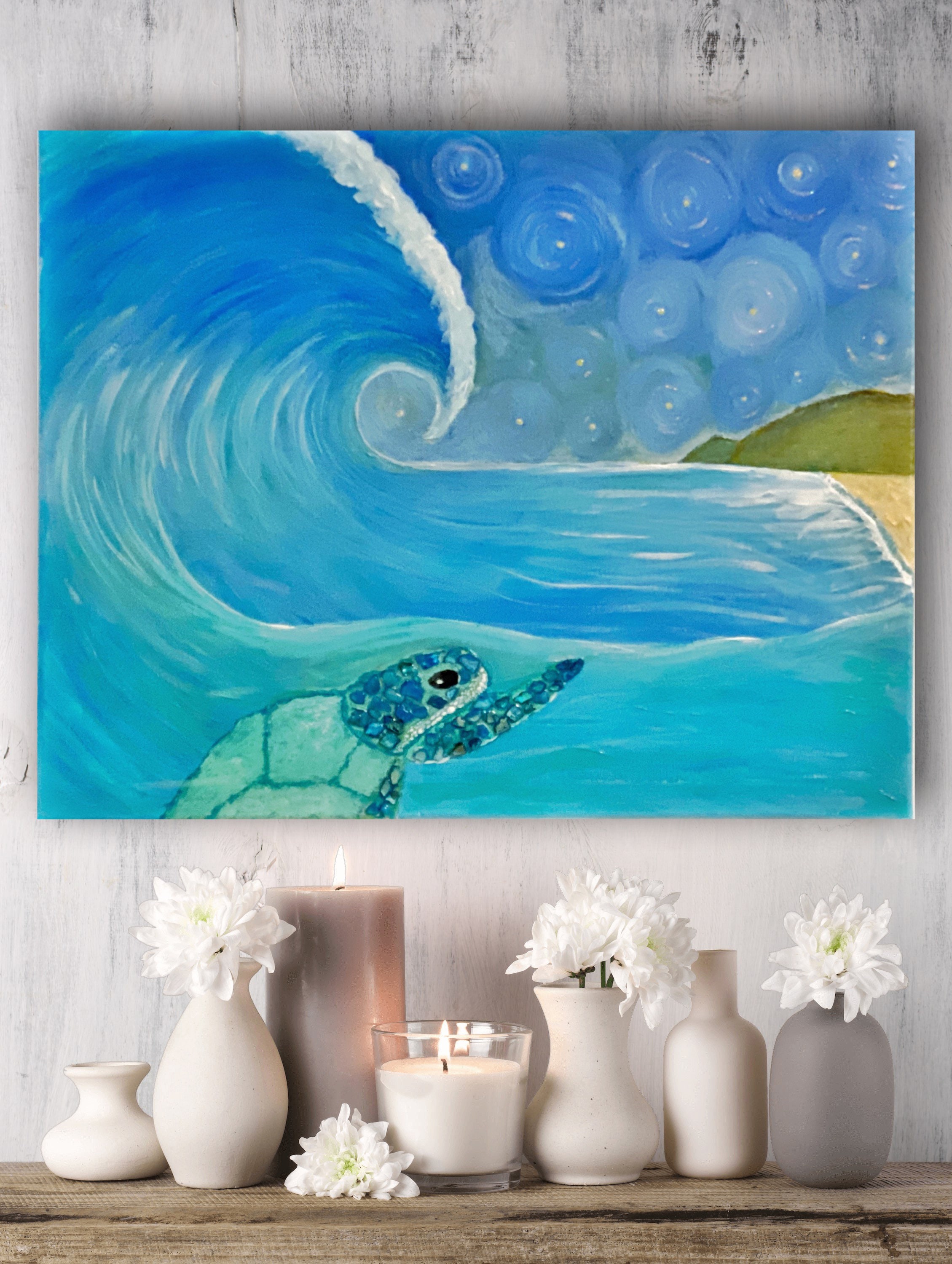 Sea Turtle Wave Painting: Honolua Honu, Ocean Art on 16x20 Canvas