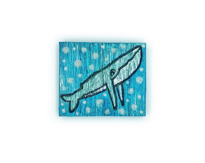 Whale sign, Whale Wall Art, Swimming whale on Rustic 3”reclaimed wood miniature whale painting, Curious humpback whale