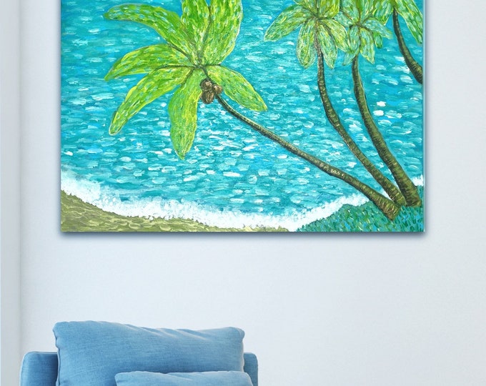 Ocean Palms Painting, Kuau Beach Day, Original acrylic canvas art, 16x20" coastal wall art