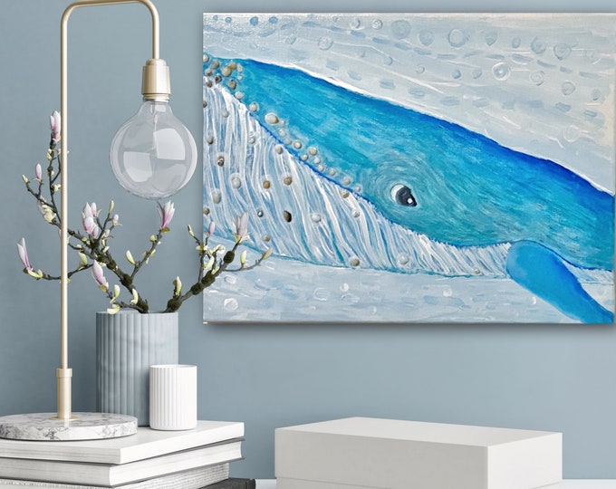 Whale wall art, Humpback whale original acrylic painting, 12x16” Canvas ocean art, Hawaiian whale with sea shell accents