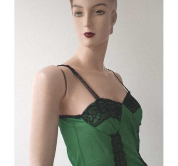 50 's new antique Black Lace green slip dress sli… - image 1