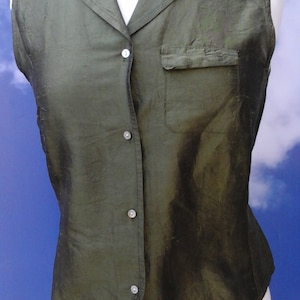 Real dupion Silk Ladies sophisticated  blouse size S iridescent fabric bottle green luxury brand Robert Friedmann  sleeveless orange details