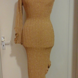 Vintage Gold dress evening gown knitted  tricot jersey one sleeve womans fashion special occassion dresses gold and silver retro deadstock