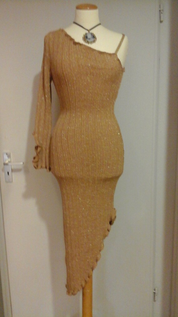Vintage Gold Dress Evening Gown Knitted Tricot Jersey One Sleeve Womans  Fashion Special Occassion Dresses Gold and Silver Retro Deadstock - Etsy